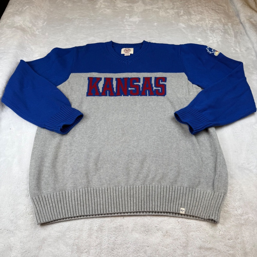 47 Brand‎ Kansas Jayhawks Knit V Neck Sweater XX Large Blue Gray KU Mascot